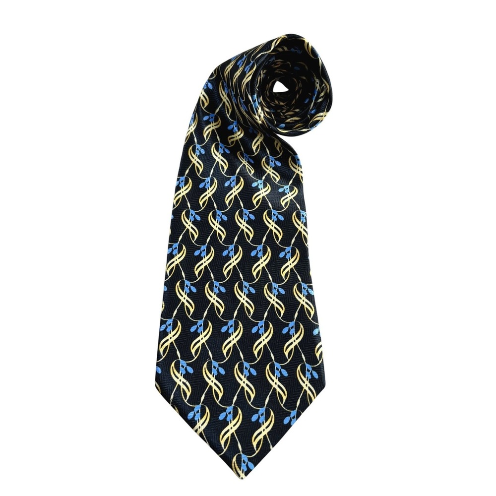 Davvero Benino Silk Blend Mens Tie Black Yellow Blue Patterned Formal Necktie